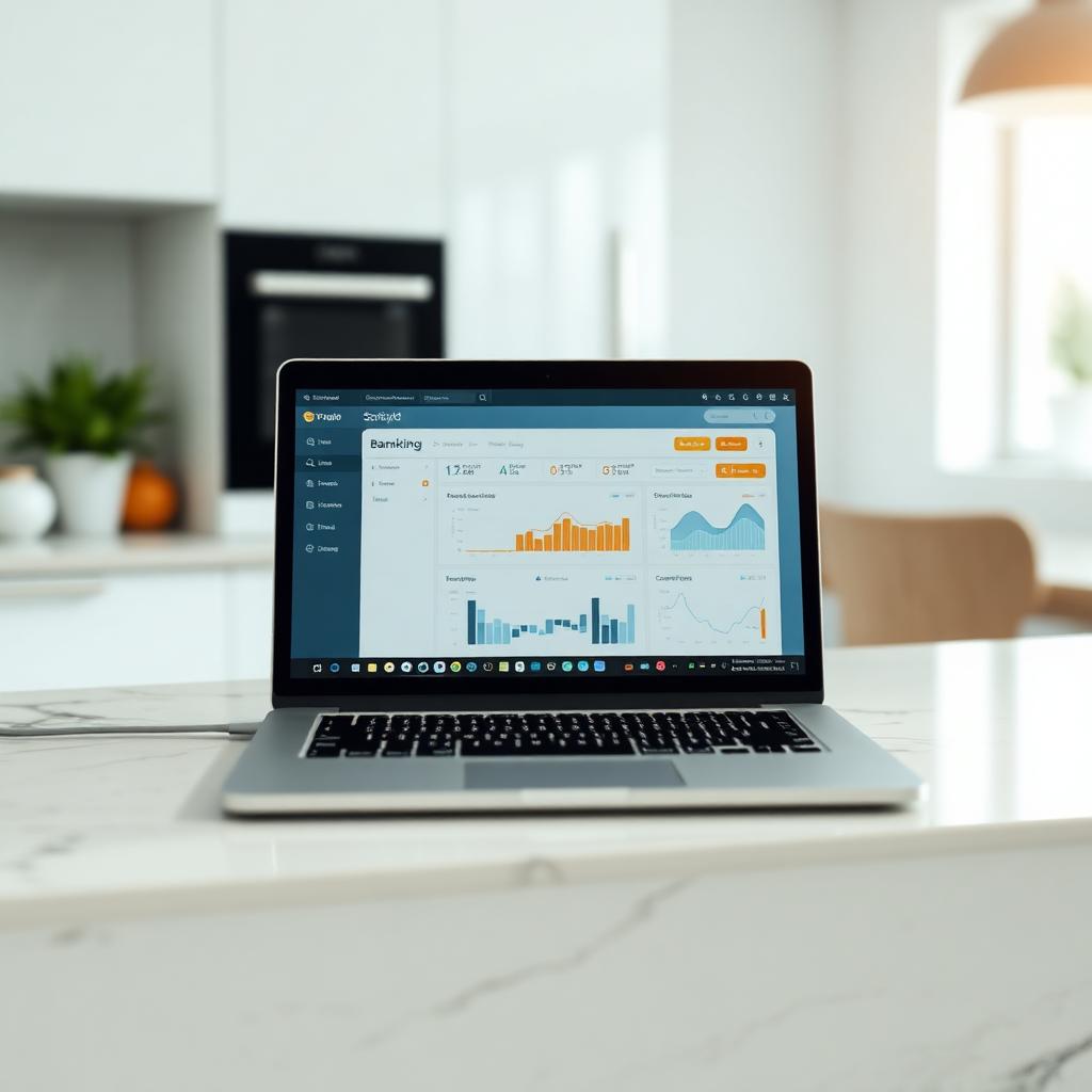 Laptop on a kitchen counter showing the OneUnited B4nk online b4nking dashboard
