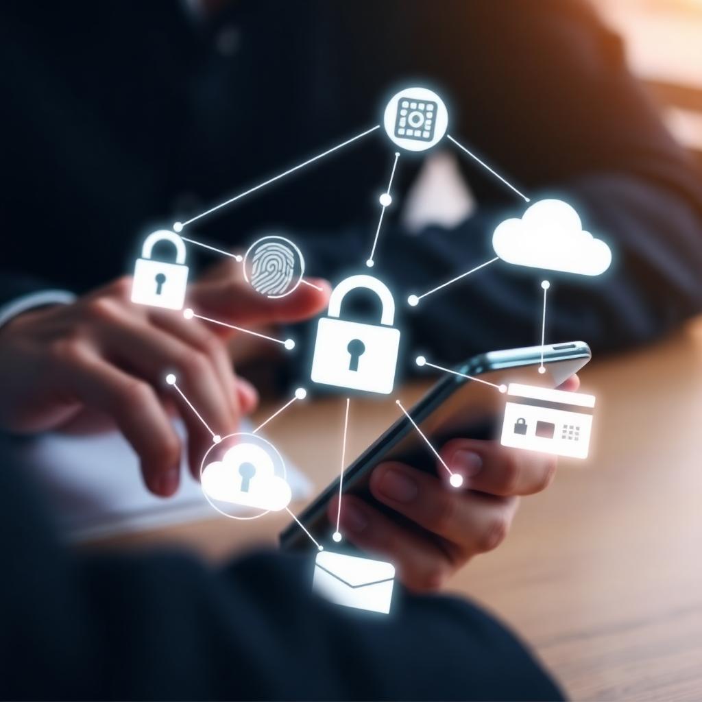 Person using a phone surrounded by digital security icons